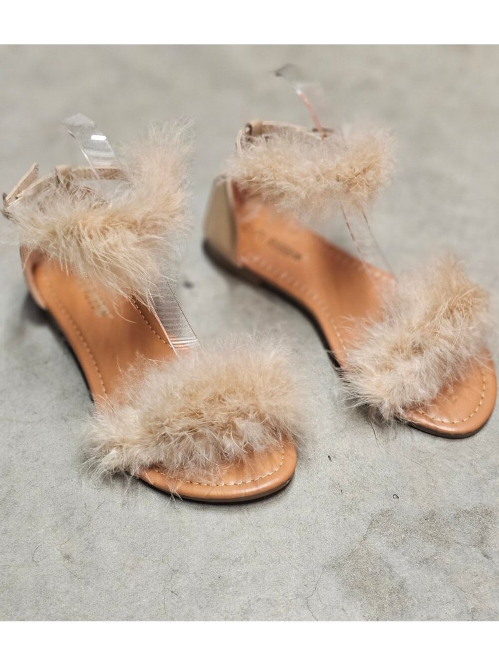 Faux Fur Strap Open-Toe Sandals With Clear Ankle Strap & Low Heel Nude